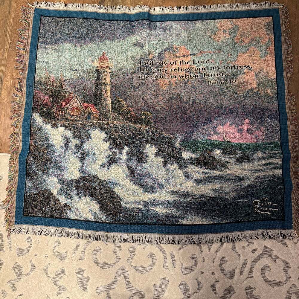 Thomas Kincaid Fringed Cotton Throw Afghan Tapestry Blanket 48”x58”